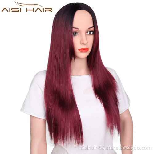 Aisi Hair New Arrivals Long Straight Wigs Heat Resistant Synthetic Ombre Wine Red Wigs For Black Women